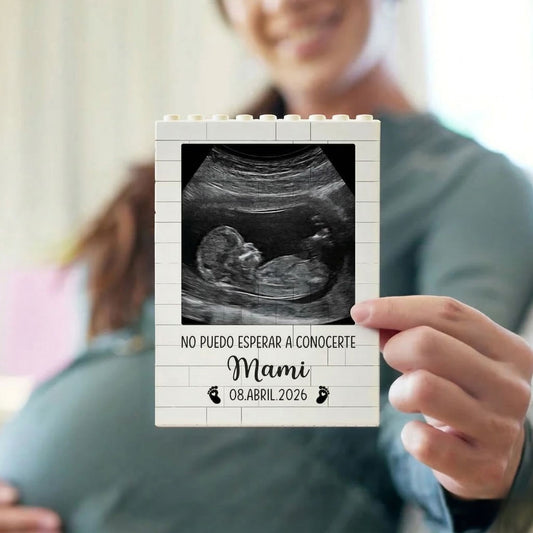 Puzzle de bloques con foto de ecografía de bebé, nombre, fecha y texto