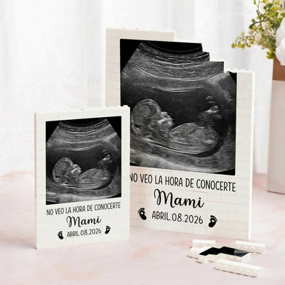 Puzzle de bloques con foto de ecografía de bebé, nombre, fecha y texto