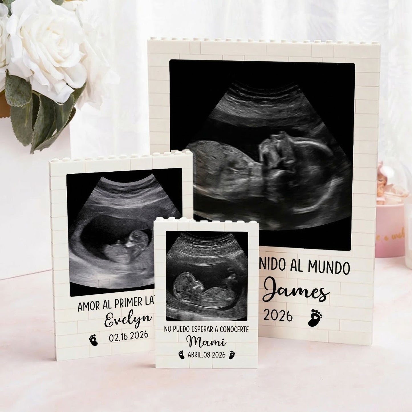 Puzzle de bloques con foto de ecografía de bebé, nombre, fecha y texto