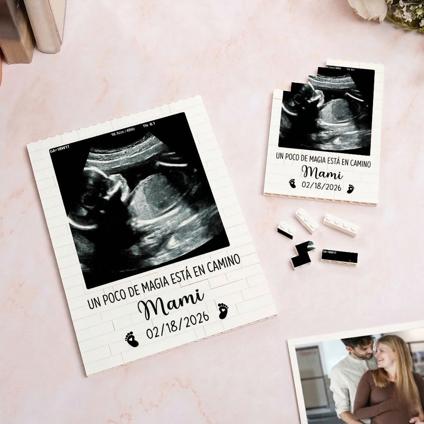 Puzzle de bloques con foto de ecografía de bebé, nombre, fecha y texto